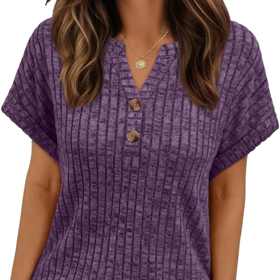 Women's Henley V Neck Loose Fit Tunic Top
