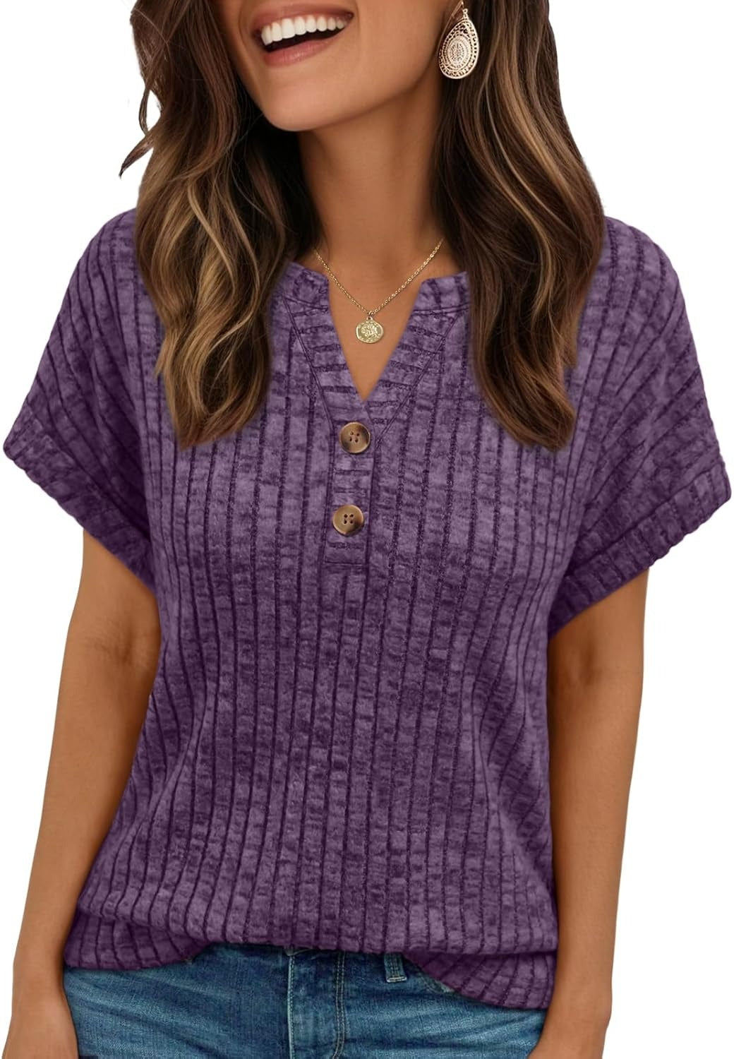 Women's Henley V Neck Loose Fit Tunic Top