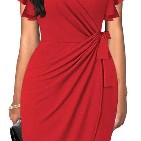 Women's Deep V Neck Faux Wrap Ruffle Sleeve Dress