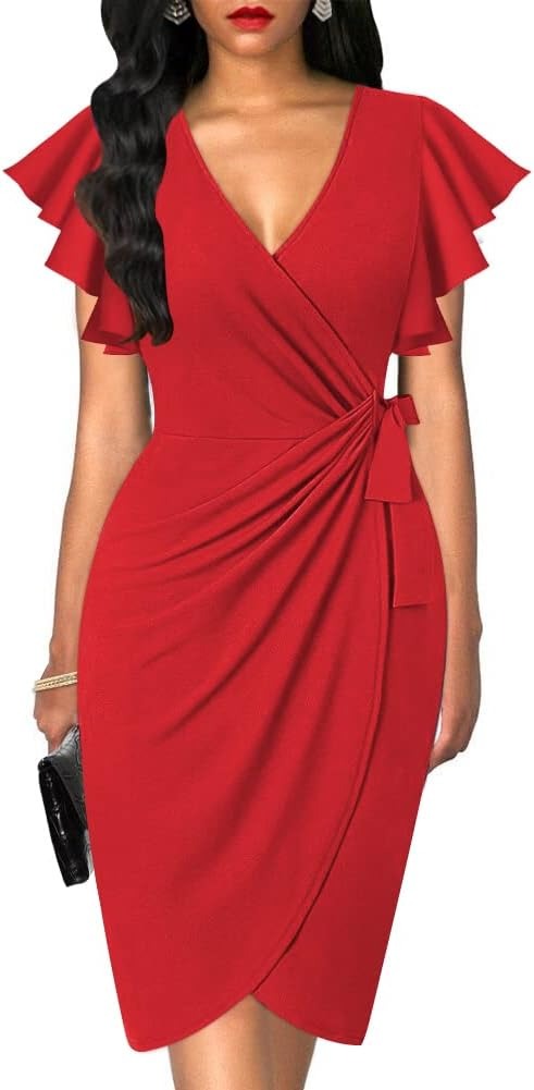 Women's Deep V Neck Faux Wrap Ruffle Sleeve Dress