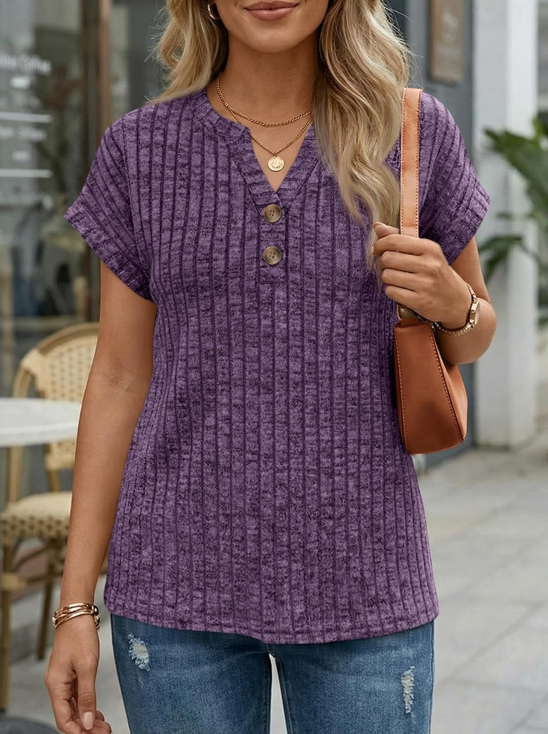 Women's Henley V Neck Loose Fit Tunic Top