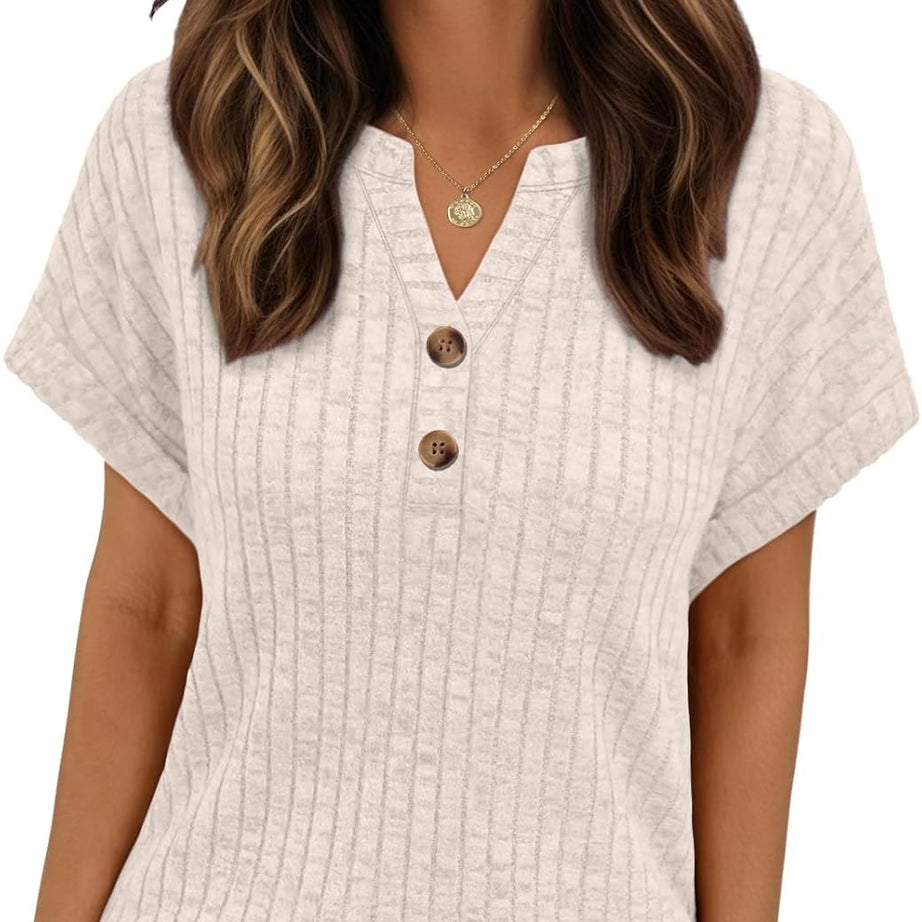 Women's Henley V Neck Loose Fit Tunic Top