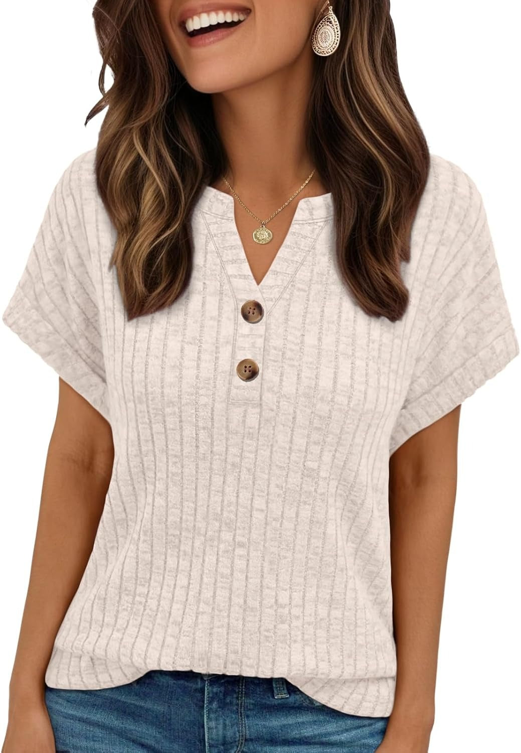 Women's Henley V Neck Loose Fit Tunic Top