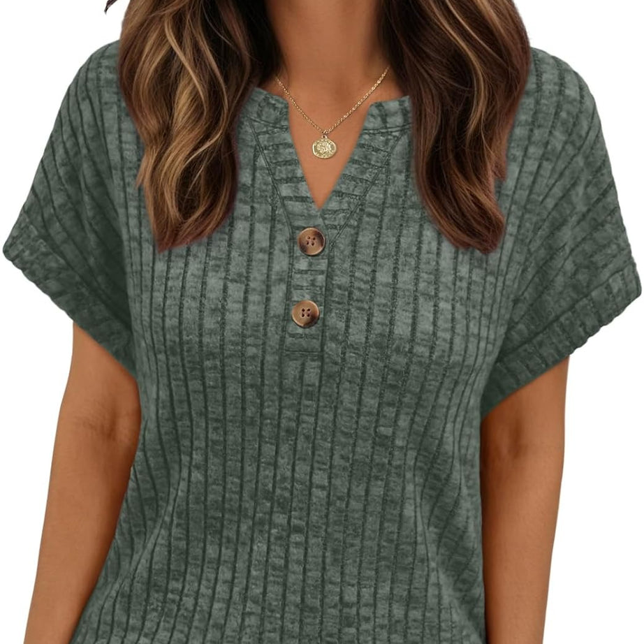 Women's Henley V Neck Loose Fit Tunic Top