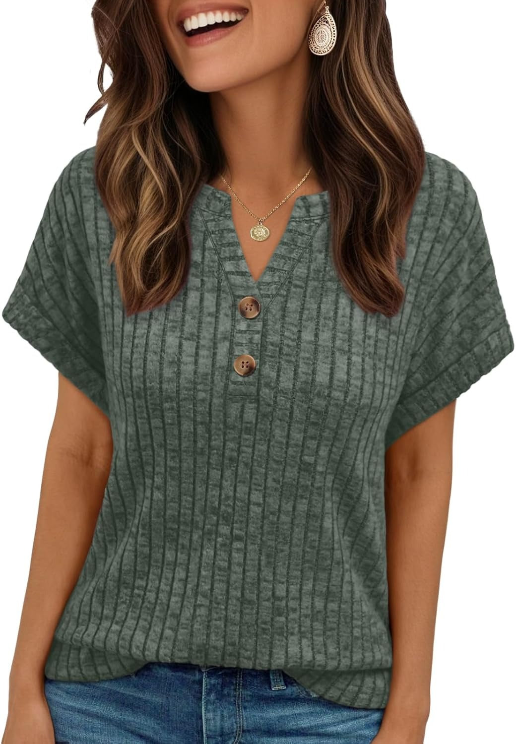 Women's Henley V Neck Loose Fit Tunic Top