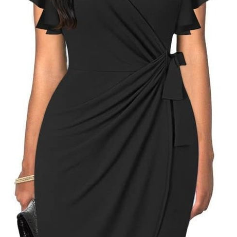 Women's Deep V Neck Faux Wrap Ruffle Sleeve Dress
