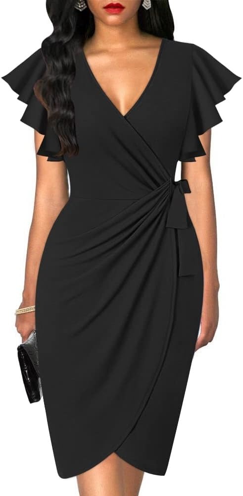 Women's Deep V Neck Faux Wrap Ruffle Sleeve Dress