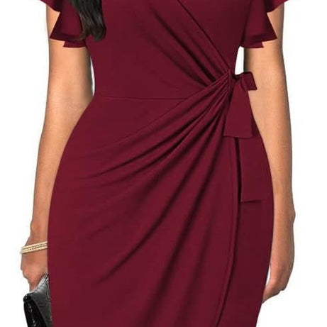 Women's Deep V Neck Faux Wrap Ruffle Sleeve Dress