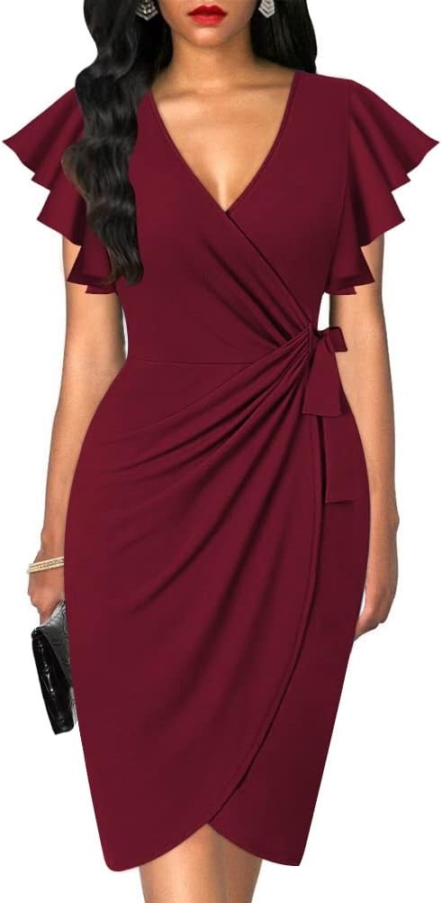 Women's Deep V Neck Faux Wrap Ruffle Sleeve Dress
