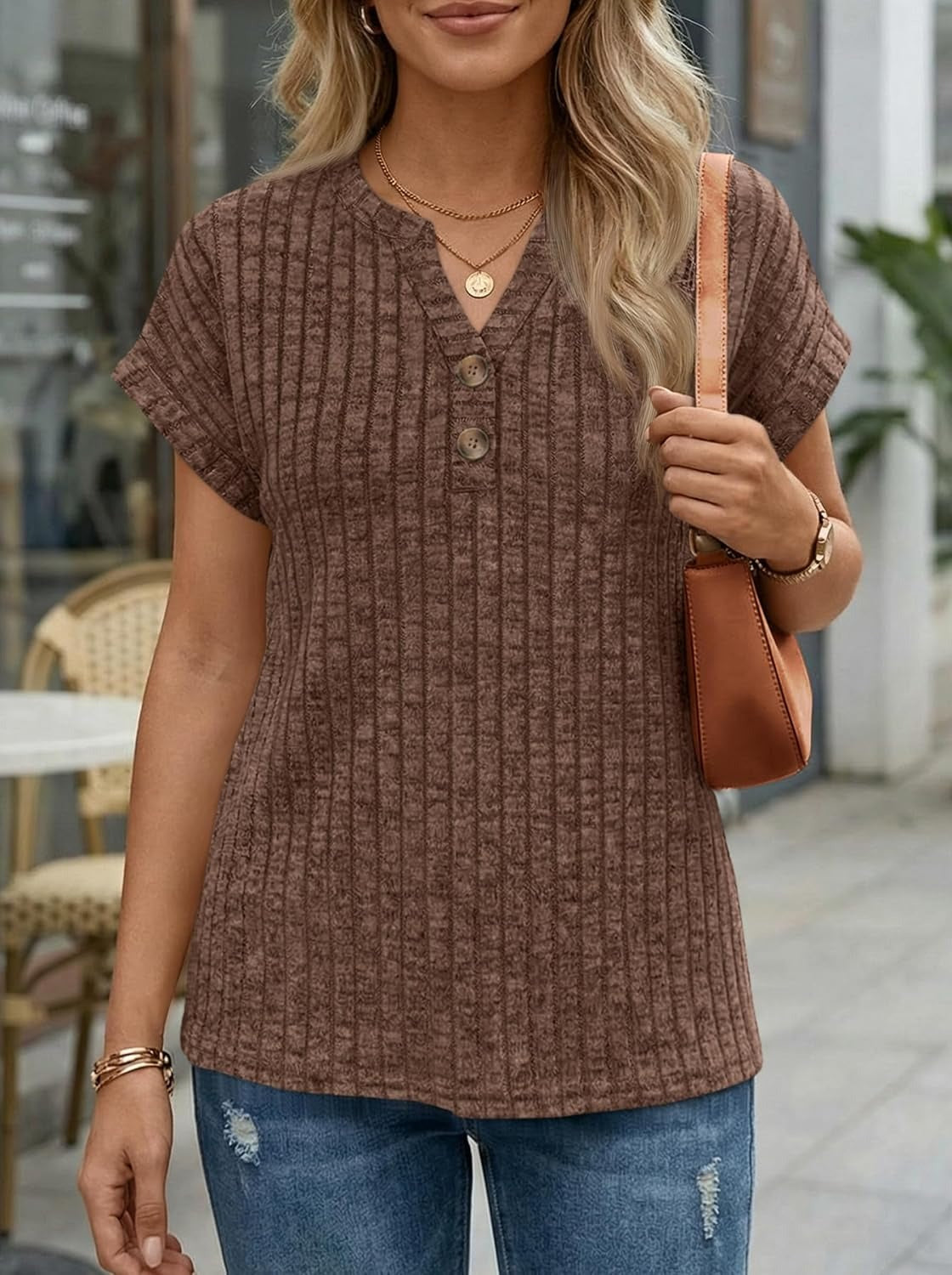 Women's Henley V Neck Loose Fit Tunic Top