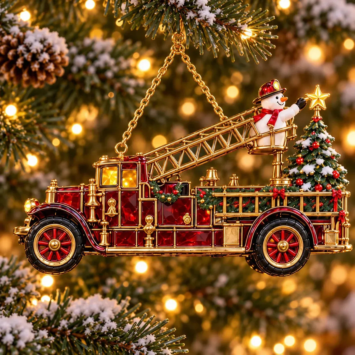2026 Vintage Fire Truck Christmas Ornaments – Set of 6 | Stained
