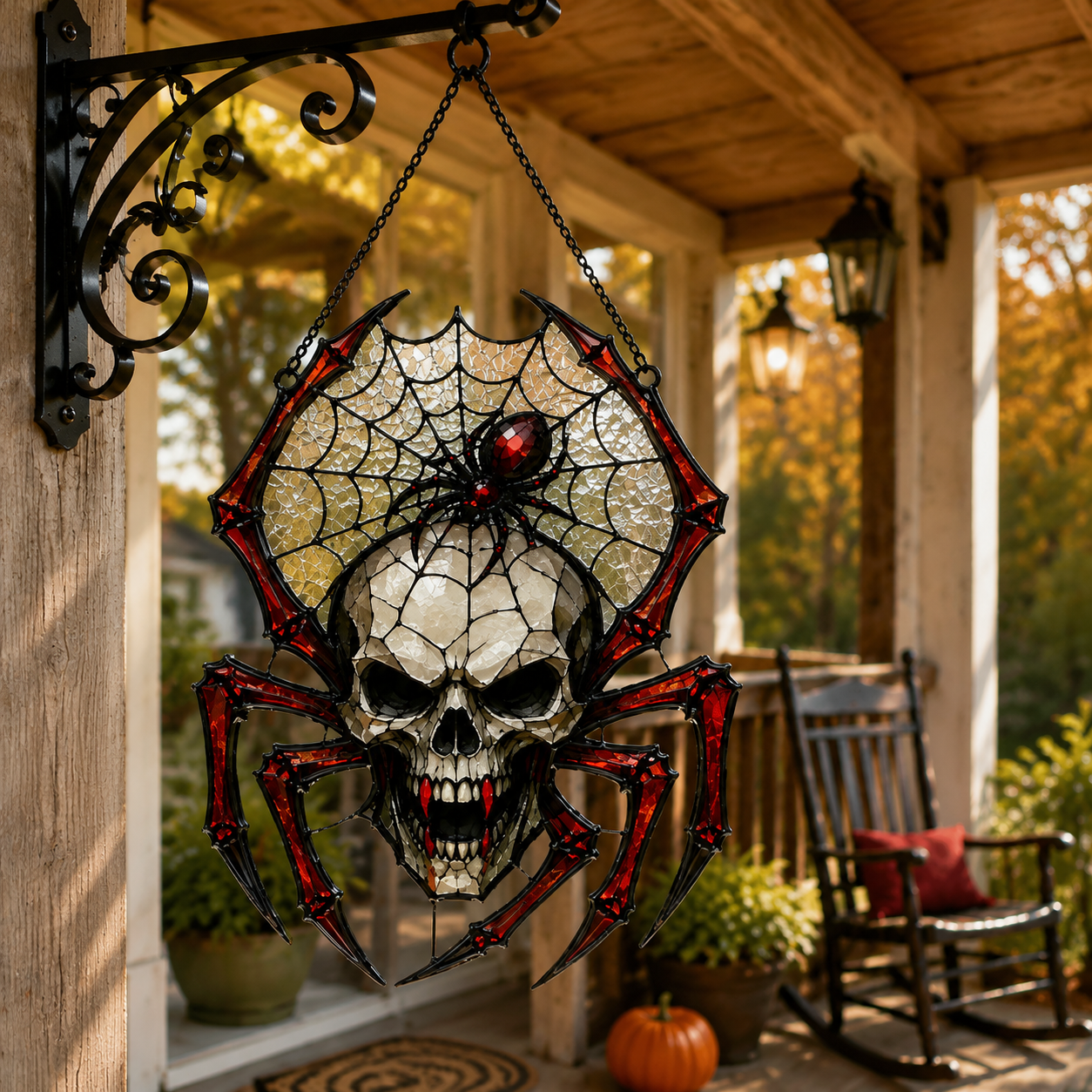 Painted Skull and Spider Web Hanging Ornament