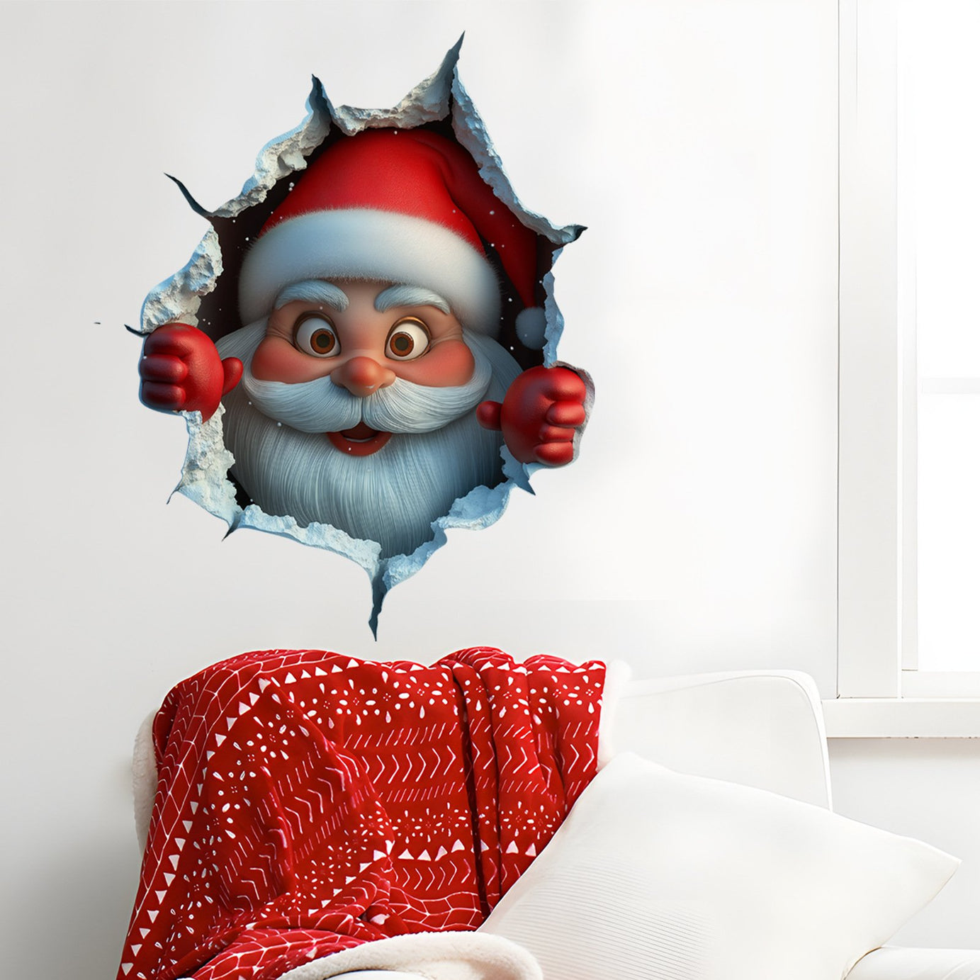 Santa Claus Breaking Through The Wall Sticker, 3D Removable PVC Christmas Decal