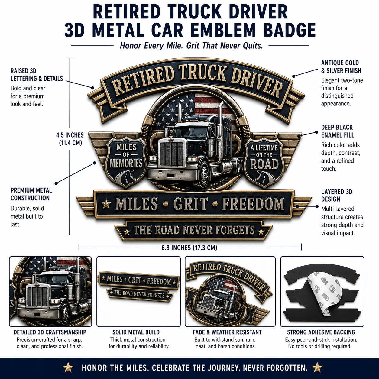 Retired Truck Driver Miles Grit Freedom Metal Car Emblem