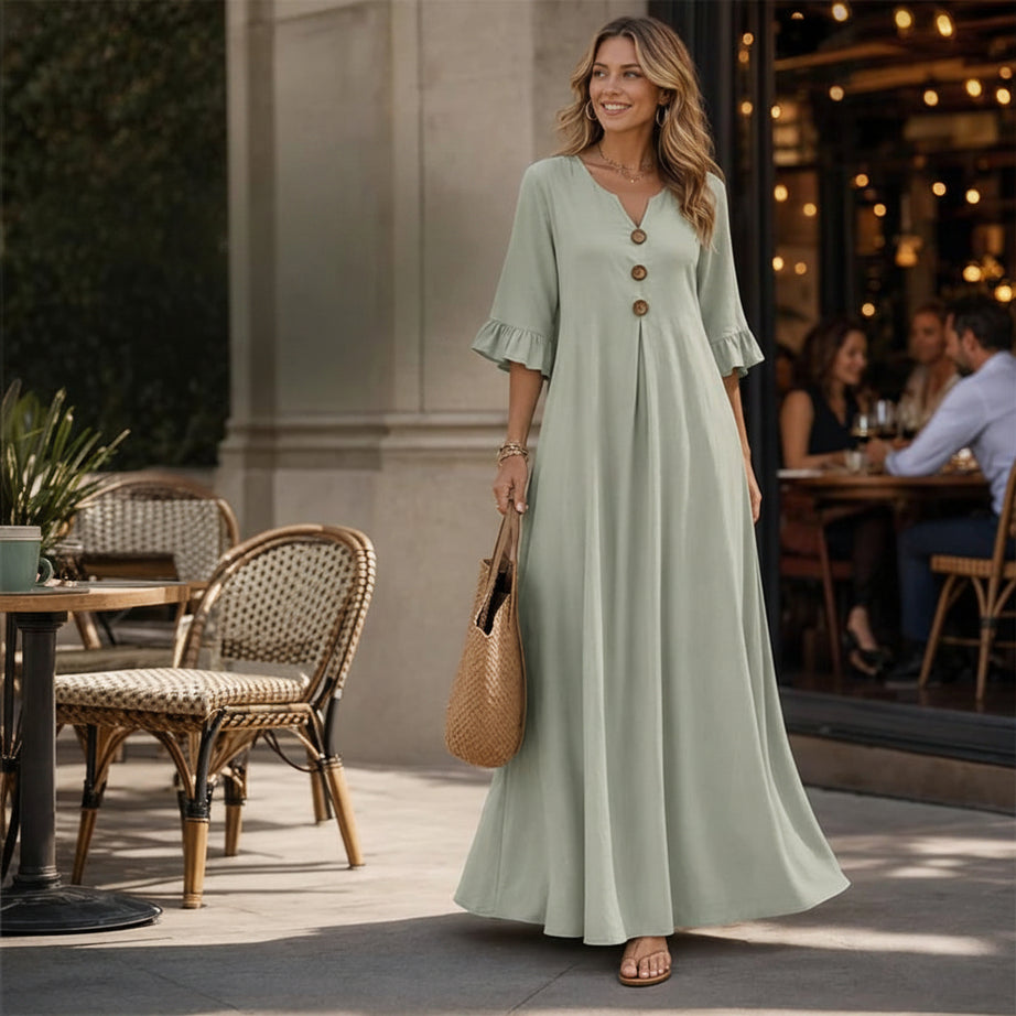 Women's V-Neck Loose Maxi Dress – Flowing Silhouette, Soft Drape, Day to Dinner