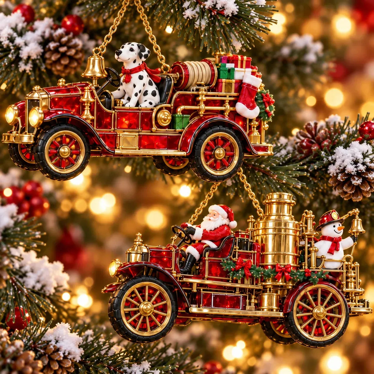 2026 Vintage Fire Truck Christmas Ornaments – Set of 6 | Stained