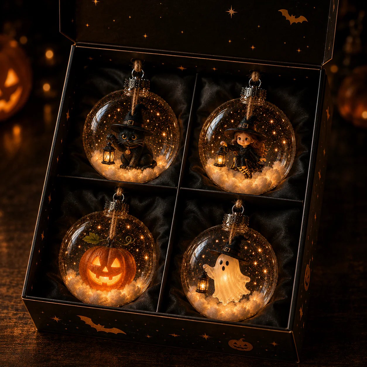 Halloween Glowing Mini Ornament Collection – Cat / Witch / Pumpkin / Ghost Lighted Decor