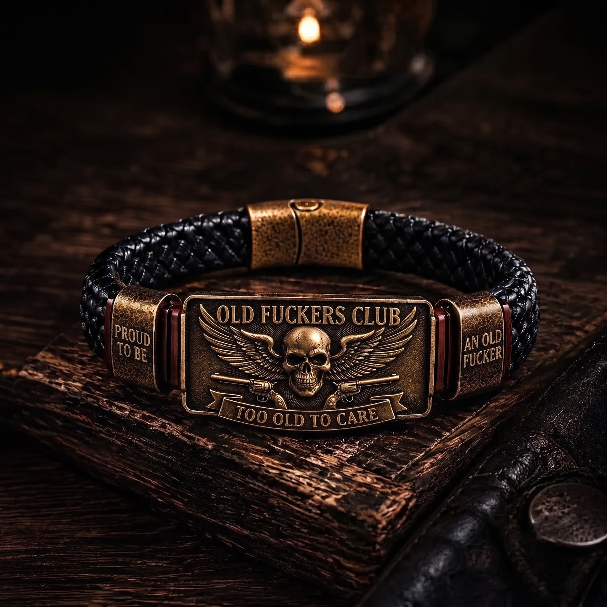 "Old * Club" Vintage Leather & Metal Plaque Bracelet