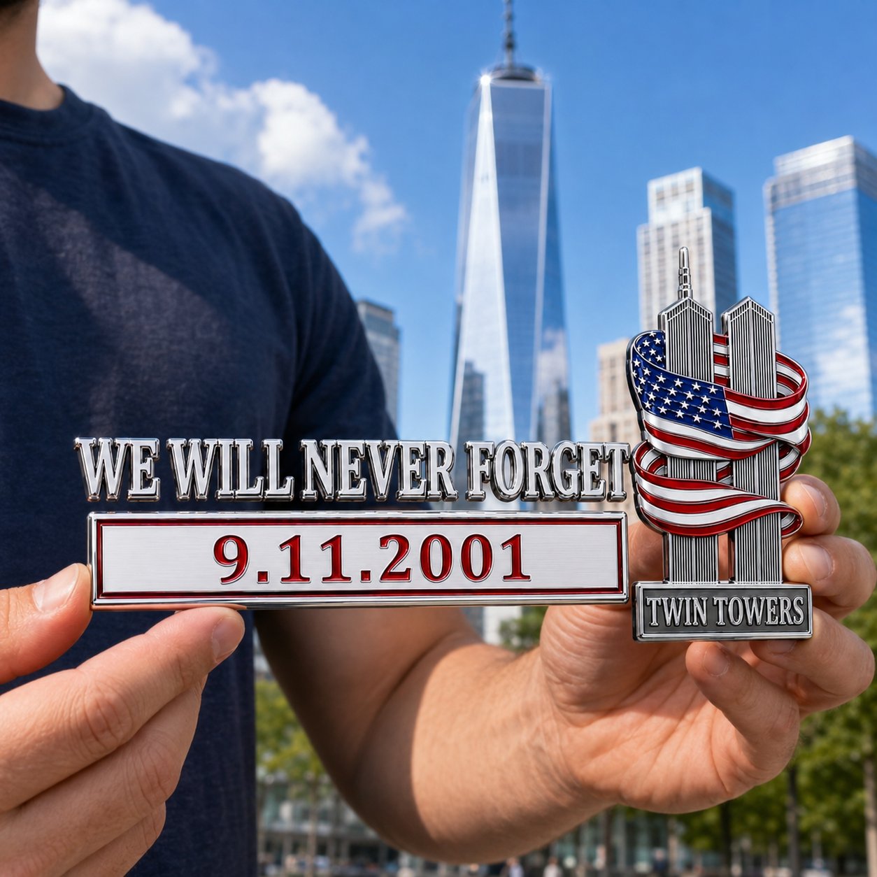 We Will Never Forget 9/11 Memorial 3D Chrome Metal Car Emblem