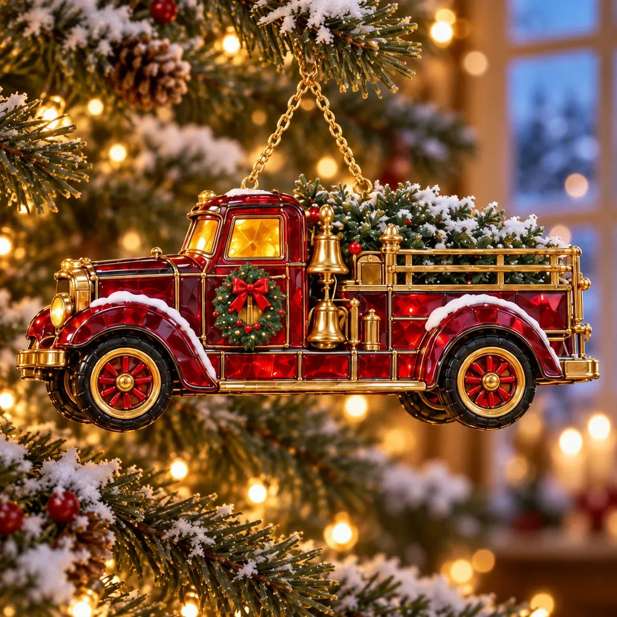 2026 Vintage Fire Truck Christmas Ornaments – Set of 6 | Stained