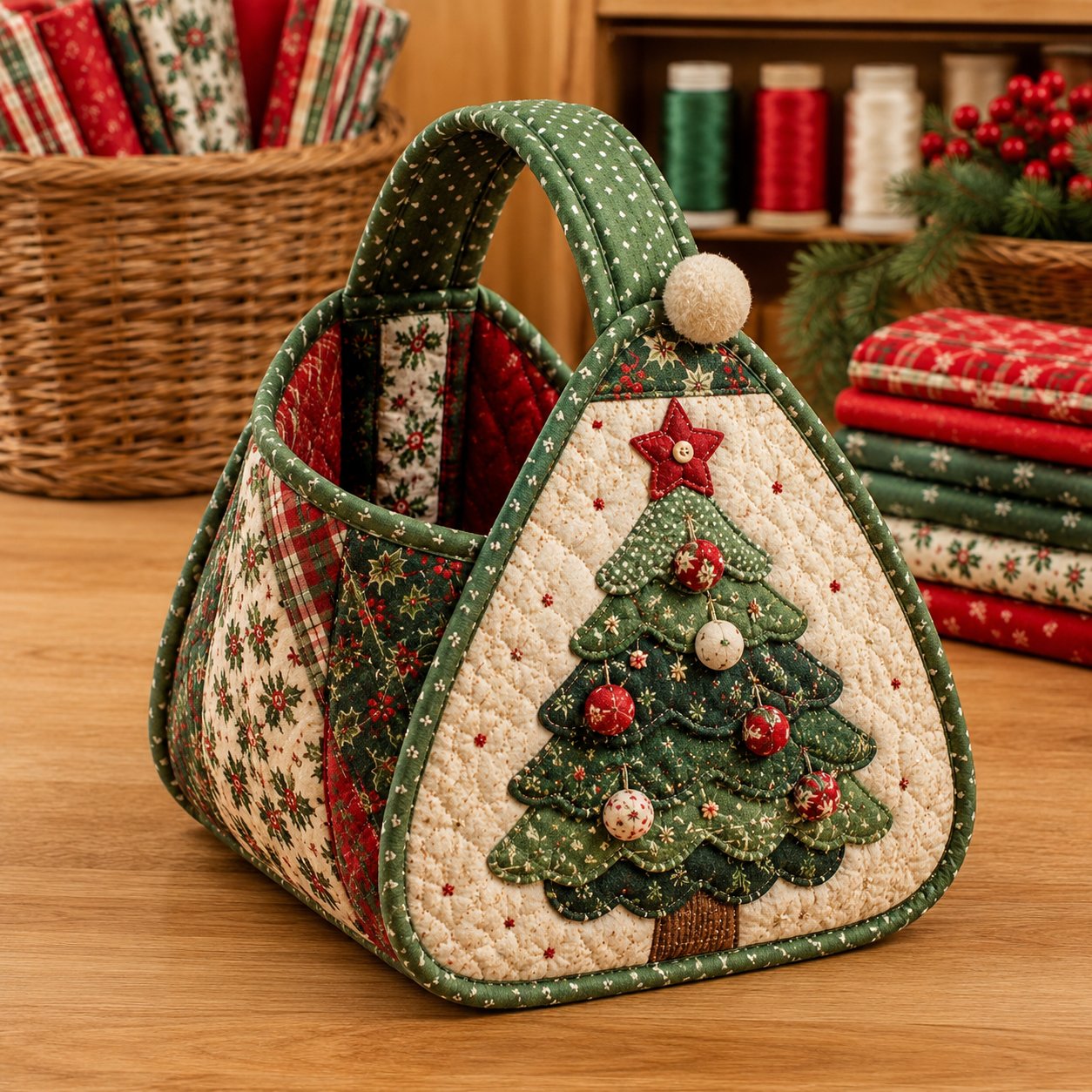 Christmas Quilted Carry Basket Sewing Kit