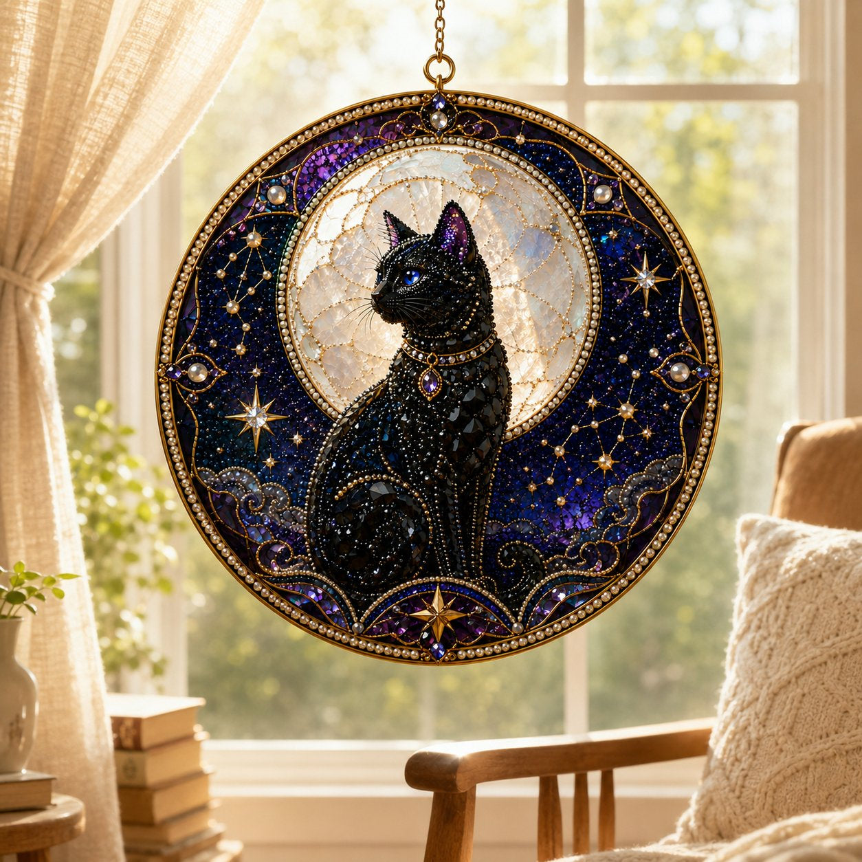 DIY Celestial Black Cat Window Hanging Kit | 3D Pearl Bead Suncatcher