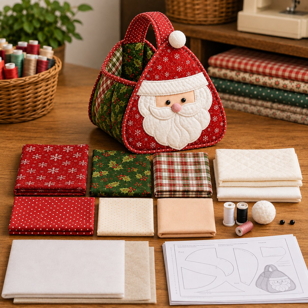 Christmas Quilted Carry Basket Sewing Kit