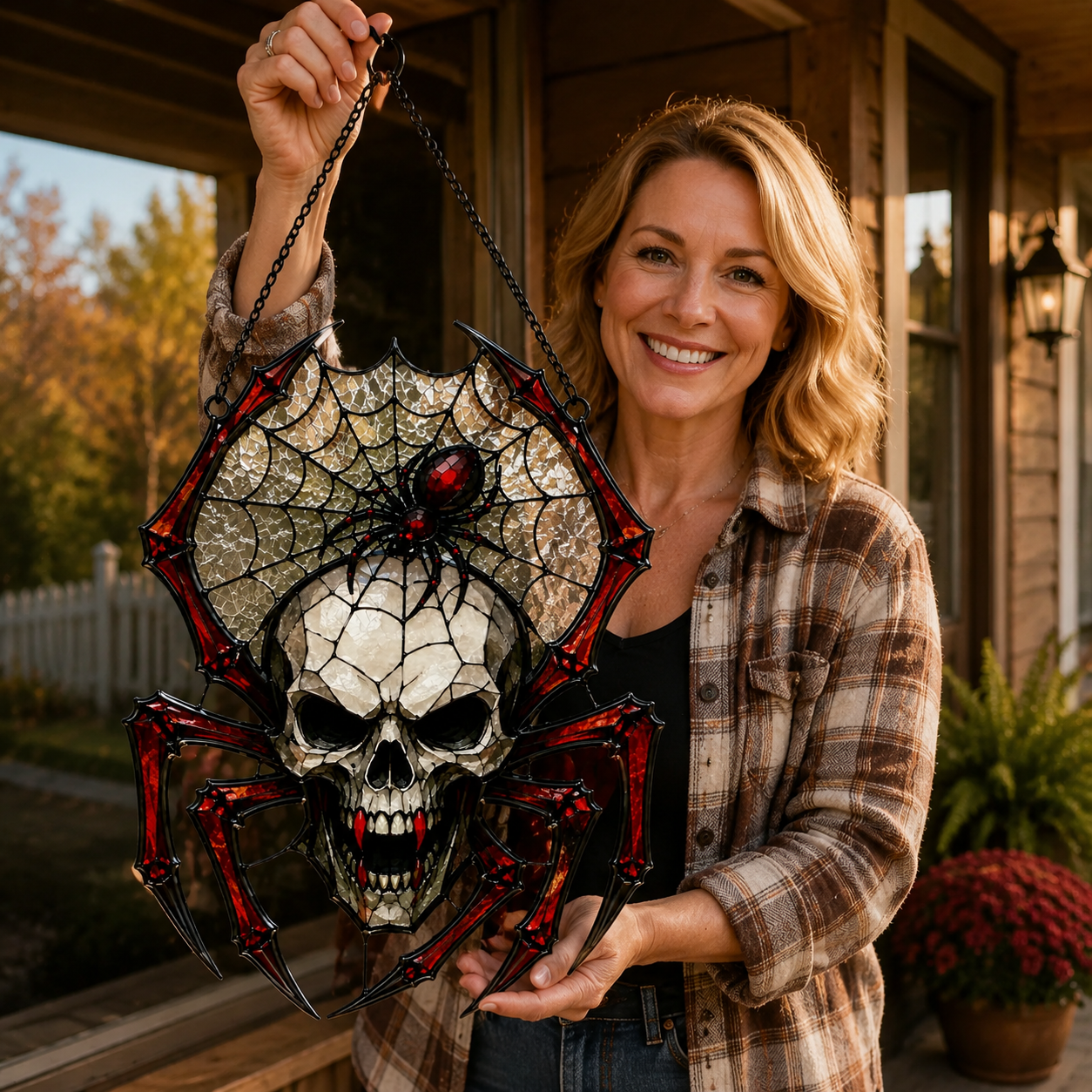 Painted Skull and Spider Web Hanging Ornament