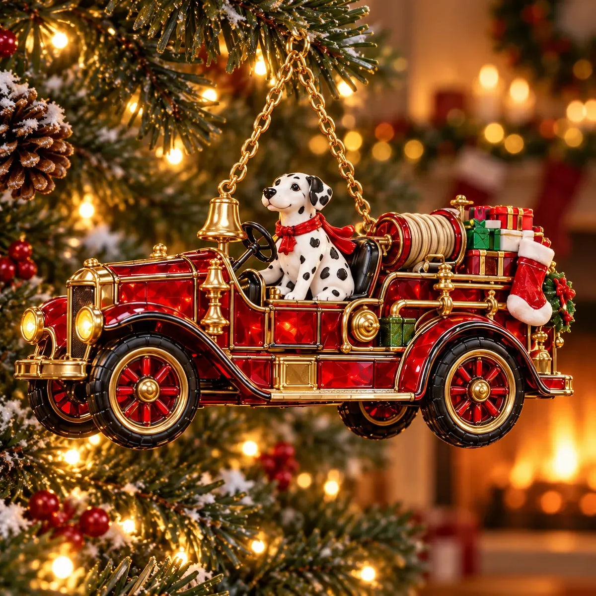 2026 Vintage Fire Truck Christmas Ornaments – Set of 6 | Stained