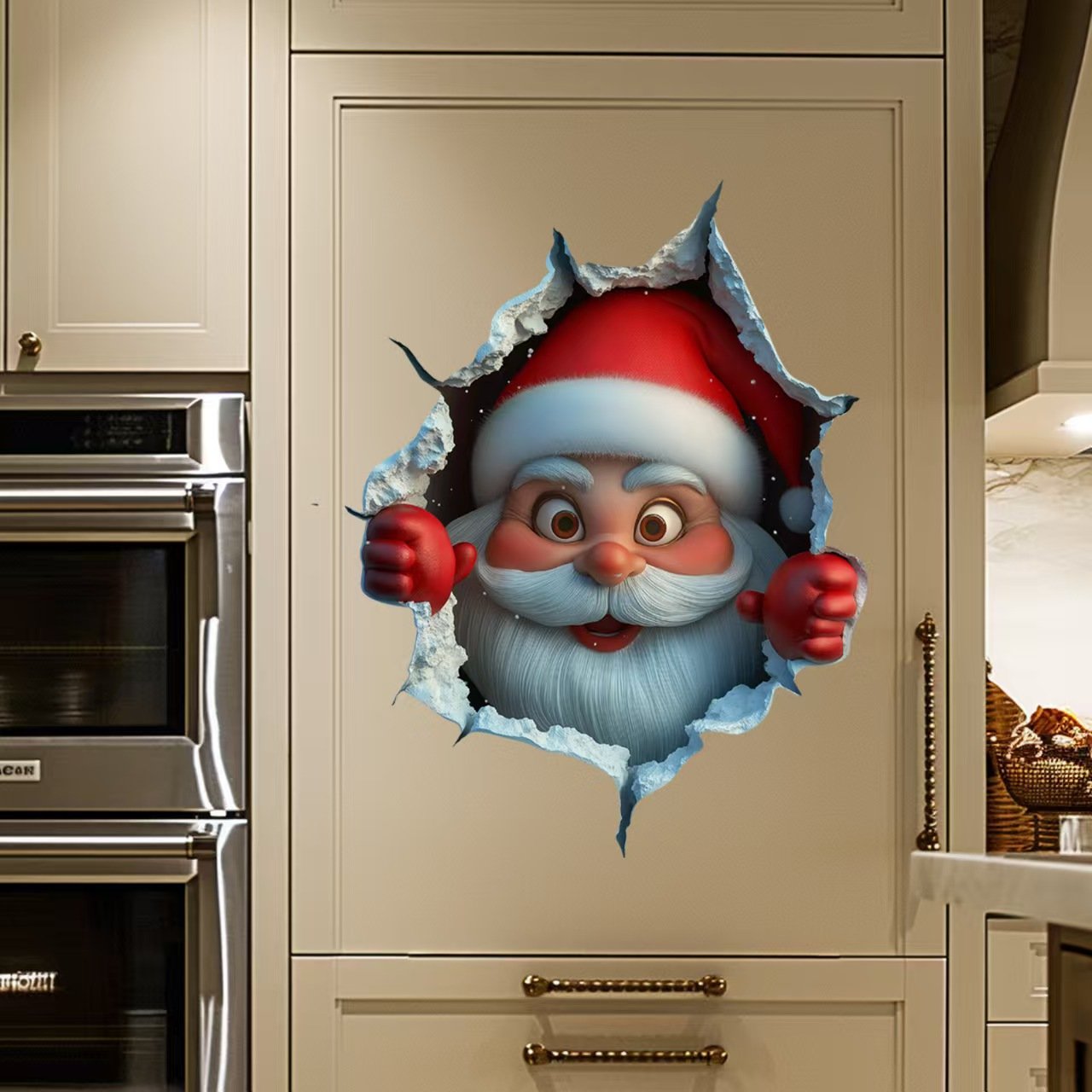 Santa Claus Breaking Through The Wall Sticker, 3D Removable PVC Christmas Decal