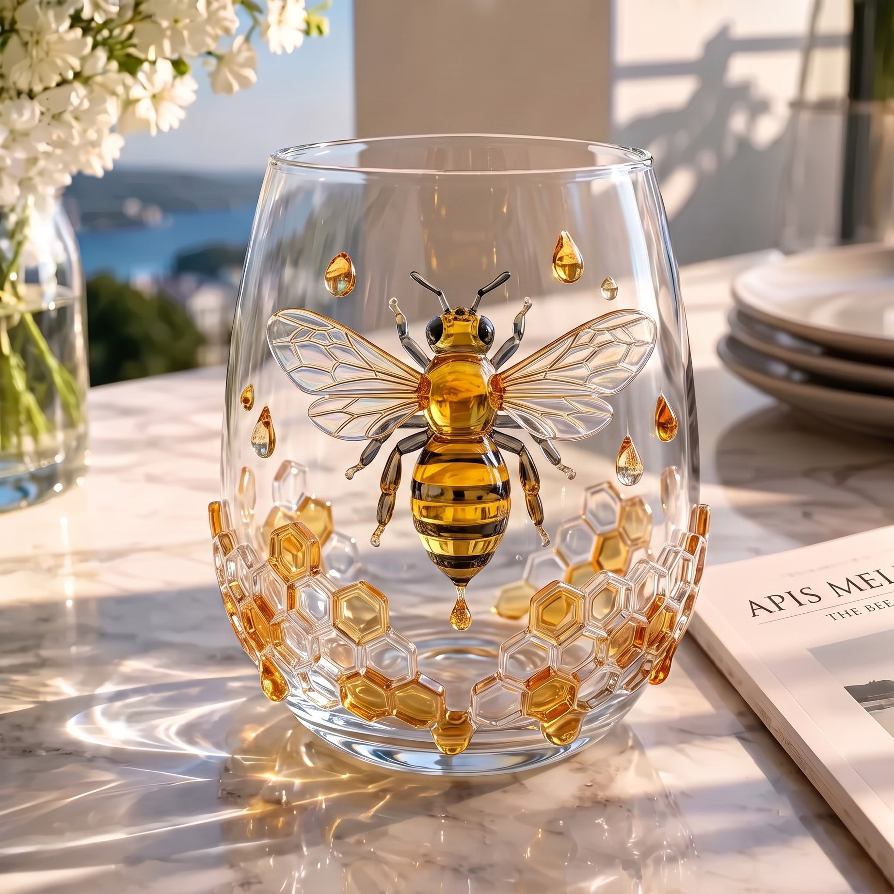 "Golden Hive" Sculpted Honeybee Glass Tumbler