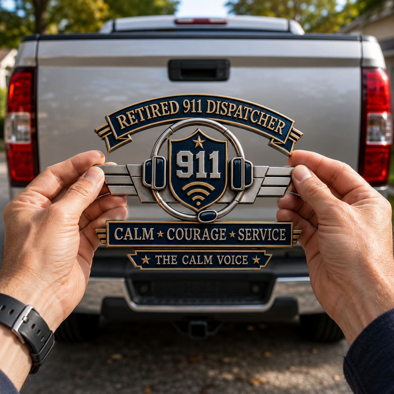 Retired 911 Dispatcher Calm Courage Service Metal Car Emblem