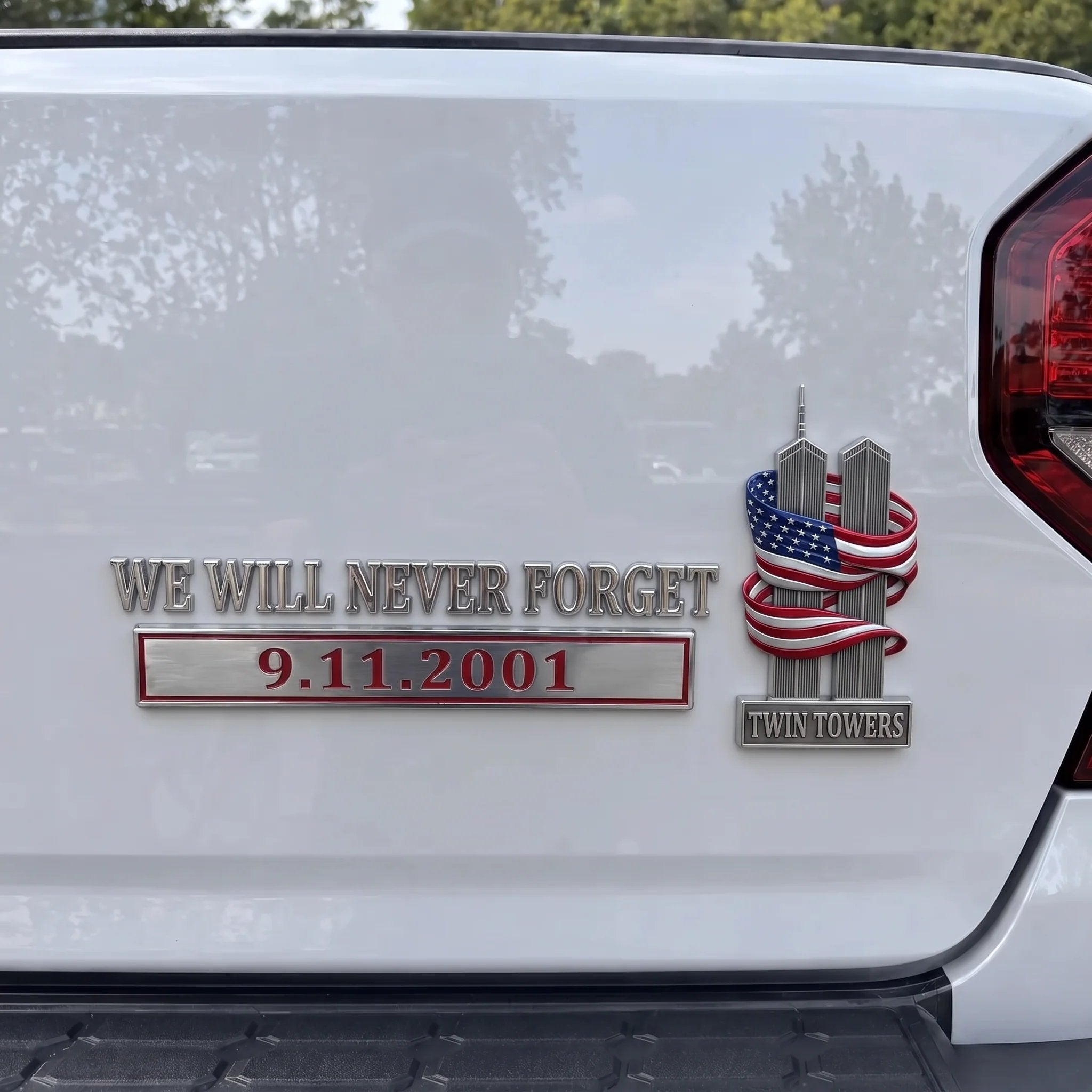 We Will Never Forget 9/11 Memorial 3D Chrome Metal Car Emblem