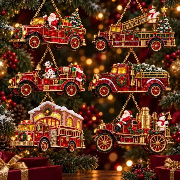 2026 Vintage Fire Truck Christmas Ornaments – Set of 6 | Stained
