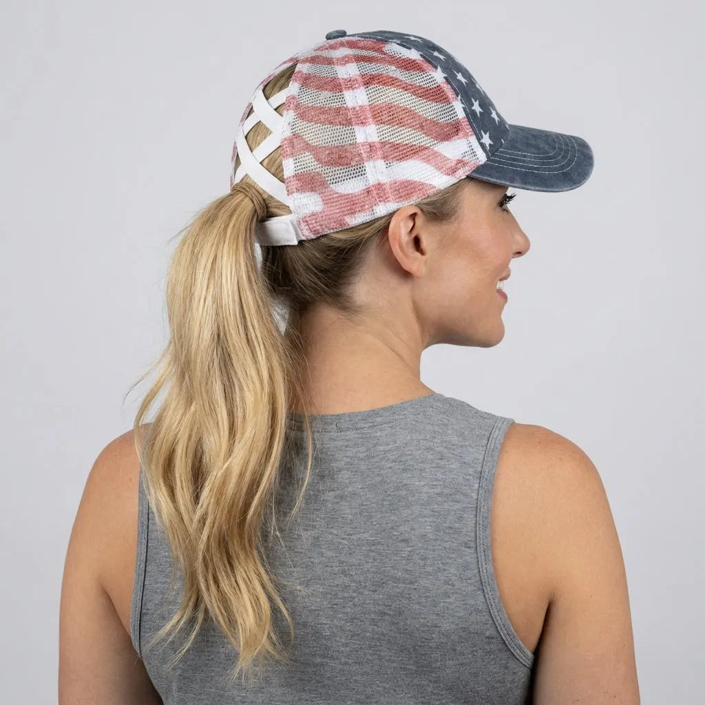 American Flag Ponytail Embroidered Hat