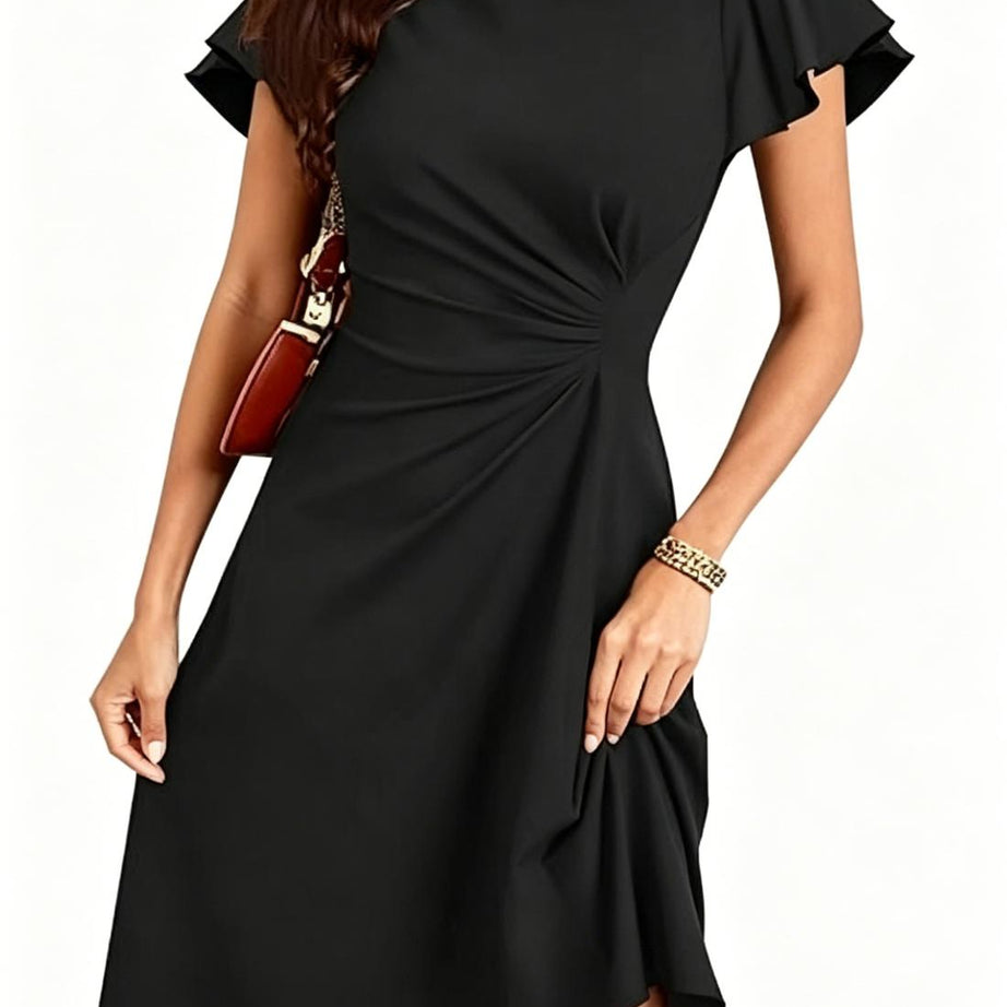 Women's Ruffle Sleeve Ruched Waist High Low A Line Midi Dress