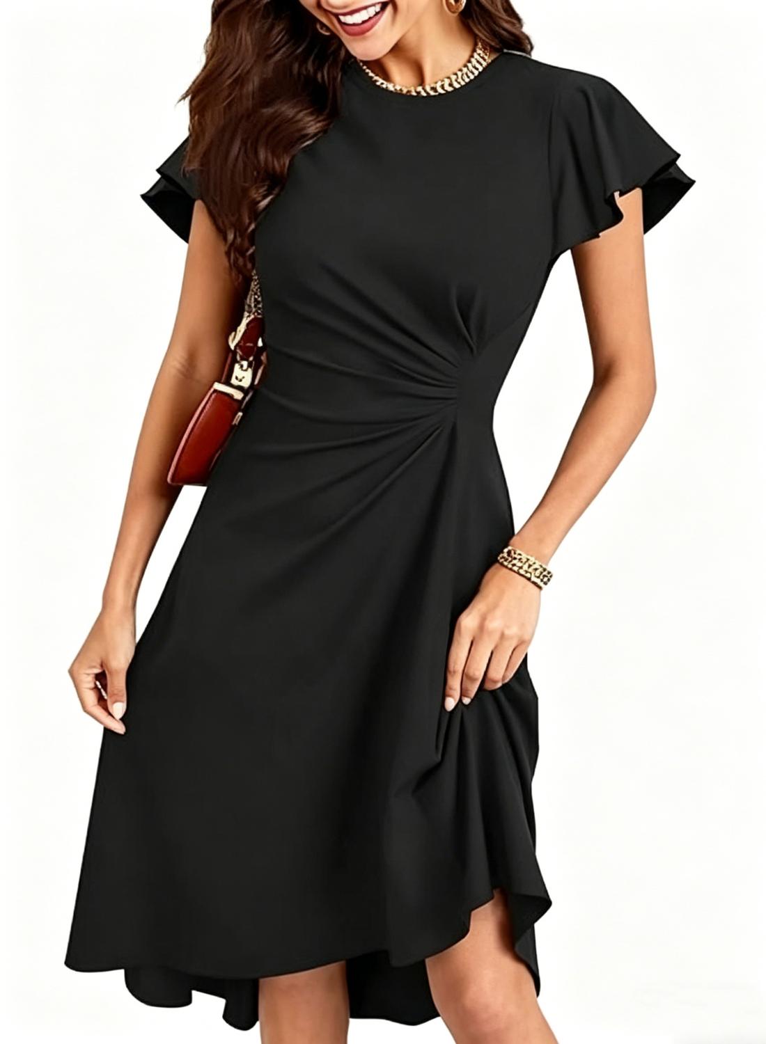 Women's Ruffle Sleeve Ruched Waist High Low A Line Midi Dress