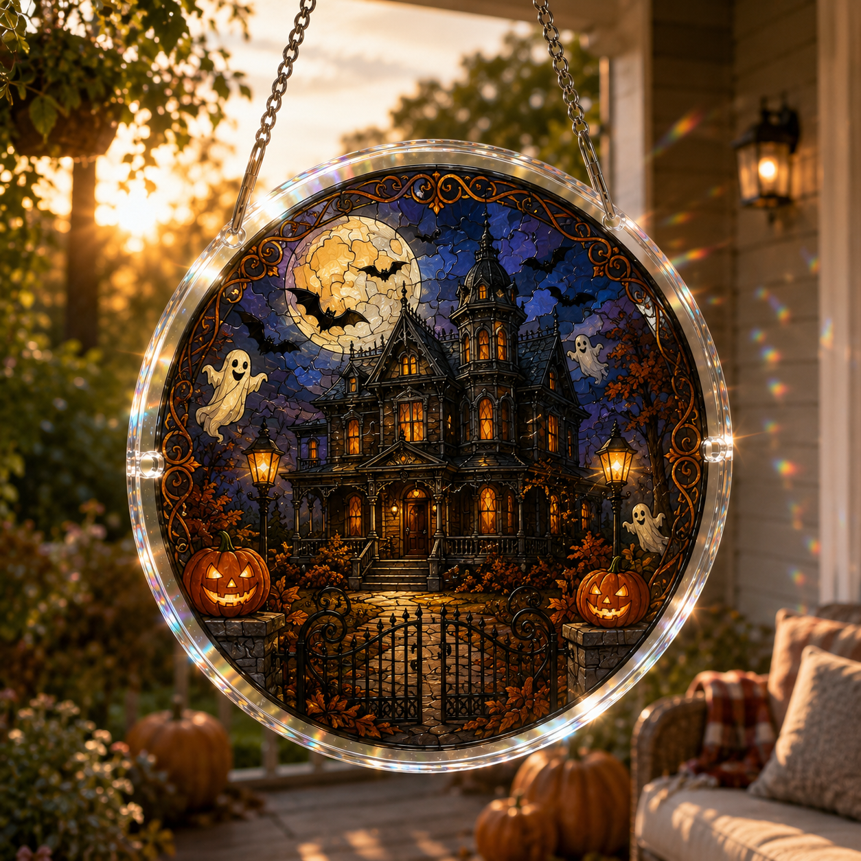 Halloween Acrylic Jigsaw Puzzle Suncatcher - Gothic Haunted House & Moon