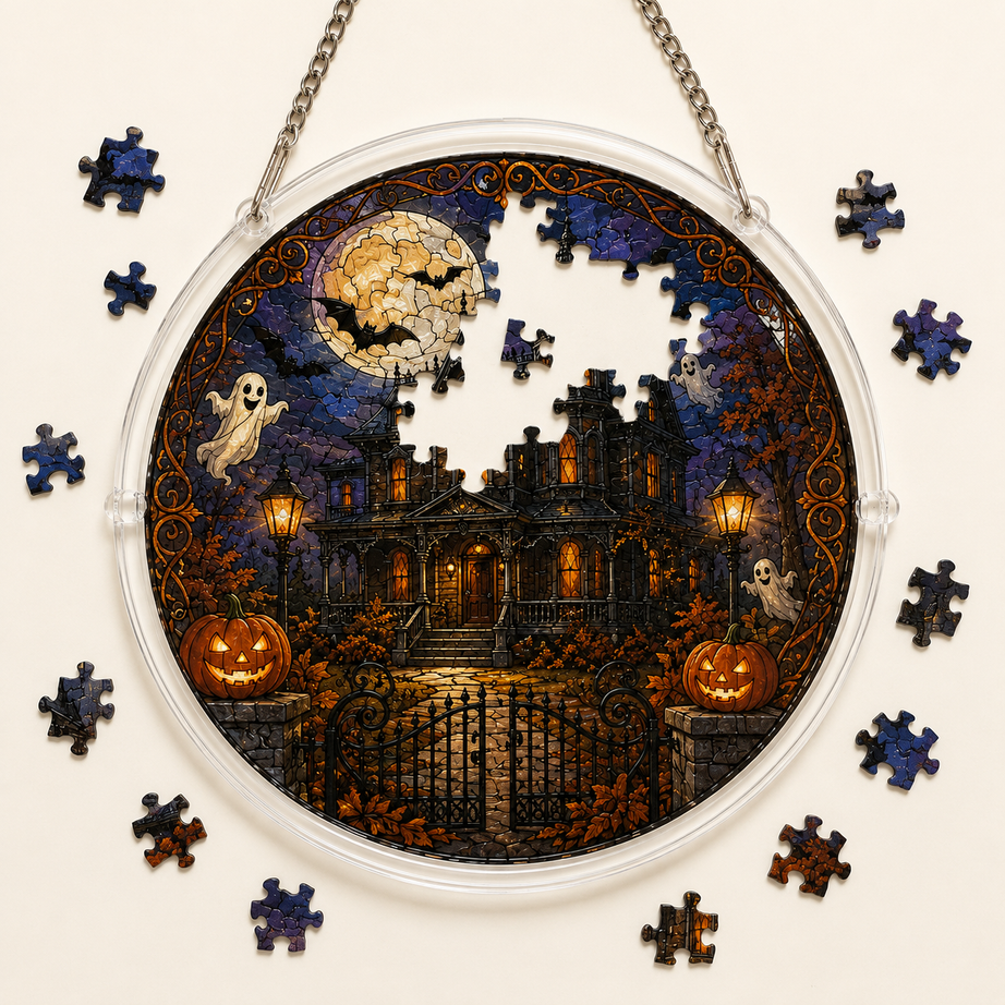 Halloween Acrylic Jigsaw Puzzle Suncatcher - Gothic Haunted House & Moon