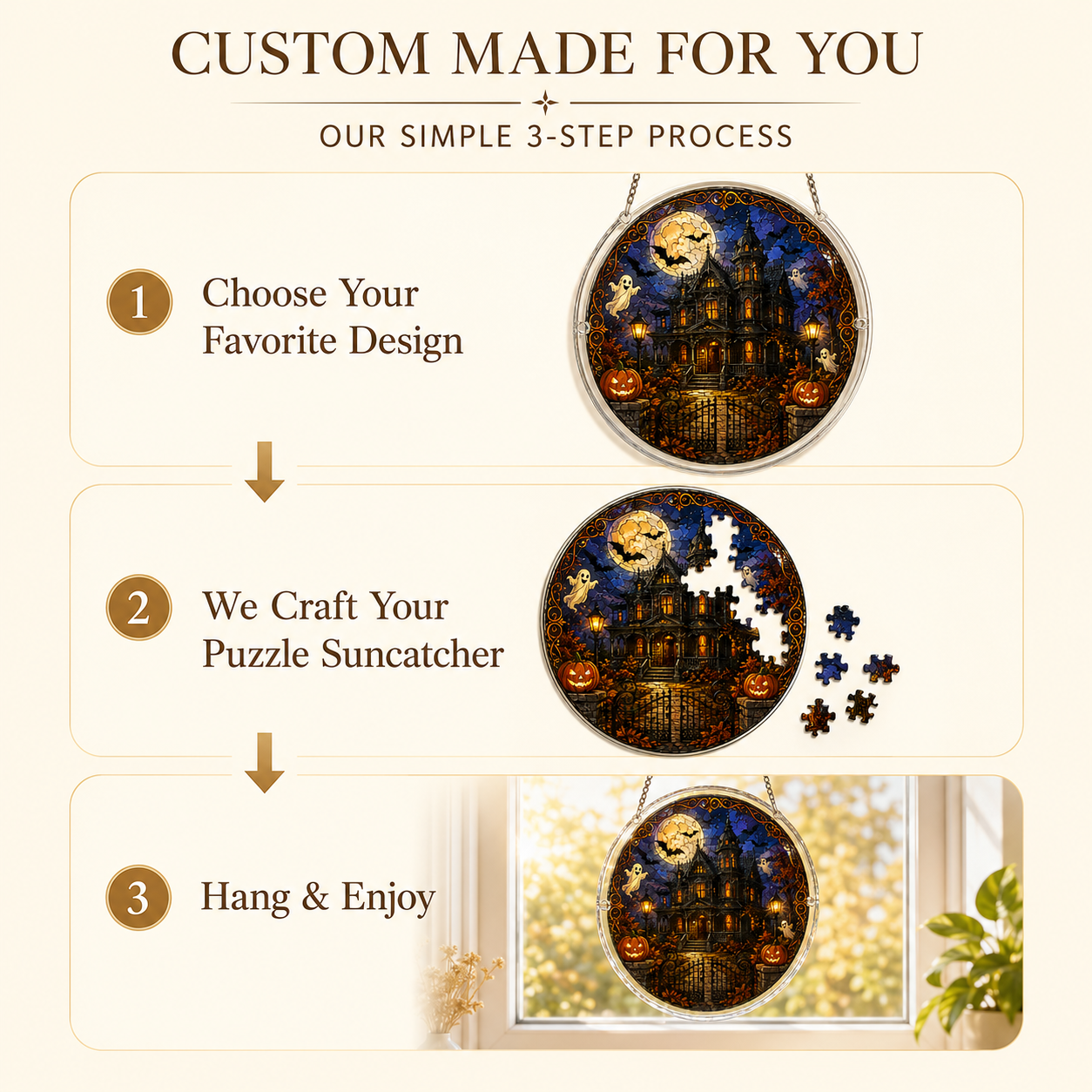 Halloween Acrylic Jigsaw Puzzle Suncatcher - Gothic Haunted House & Moon
