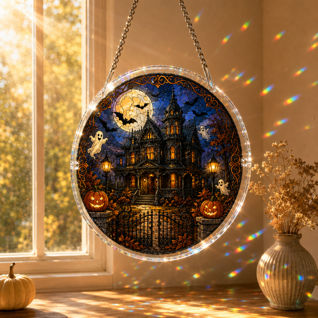 Halloween Acrylic Jigsaw Puzzle Suncatcher - Gothic Haunted House & Moon