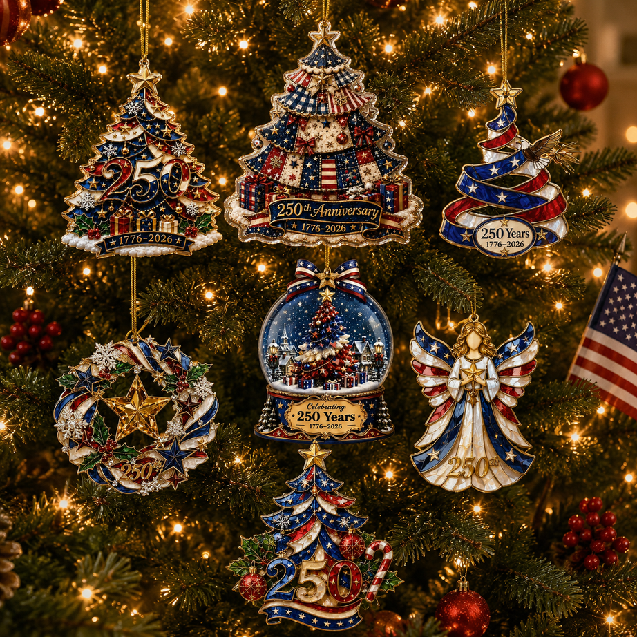 US 250th Anniversary Christmas Ornament, 6 Vintage American Flag Styles