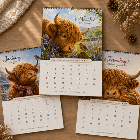 2027 Highland Cow & Robin Wall Calendar