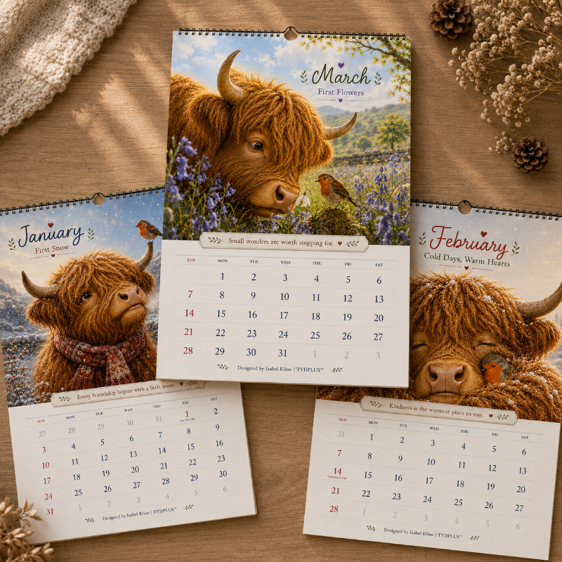 2027 Highland Cow & Robin Wall Calendar