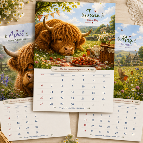 2027 Highland Cow & Robin Wall Calendar