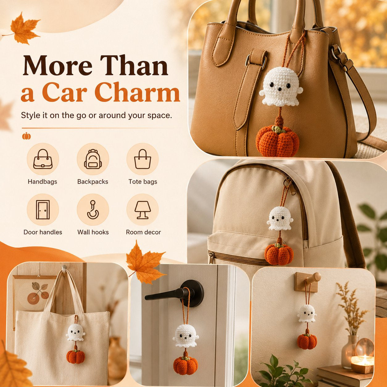 Crochet Ghost & Pumpkin Car Hanging Charm