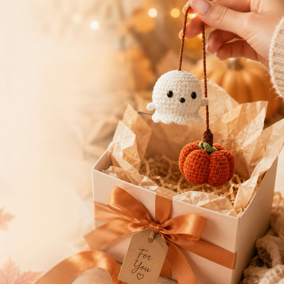 Crochet Ghost & Pumpkin Car Hanging Charm