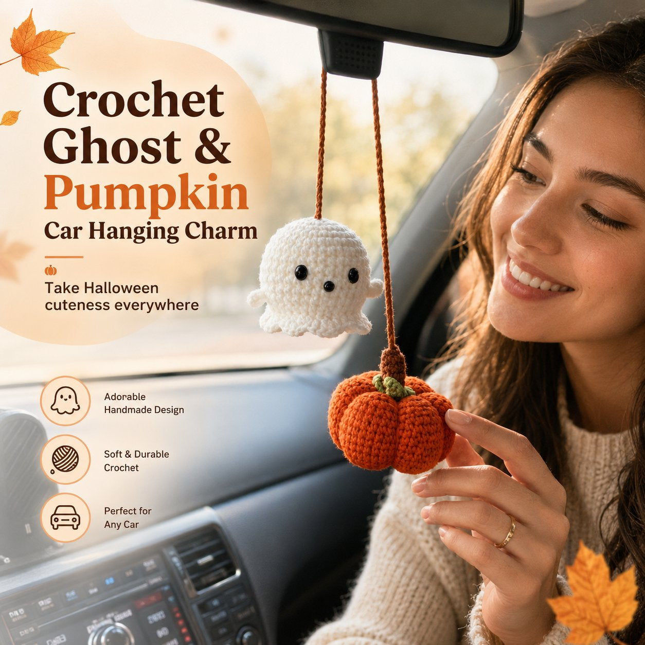 Crochet Ghost & Pumpkin Car Hanging Charm