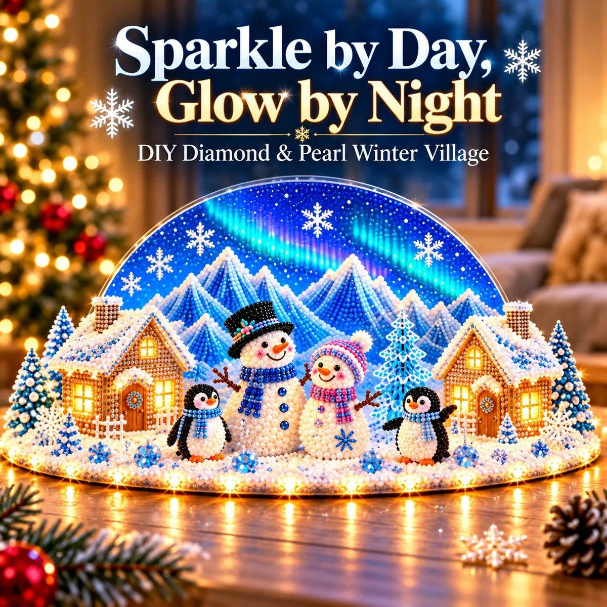 DIY winter landscape with rhinestones and pearl details