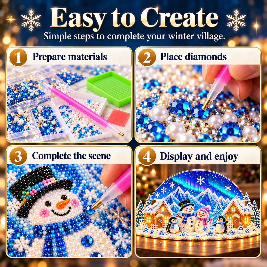 DIY winter landscape with rhinestones and pearl details